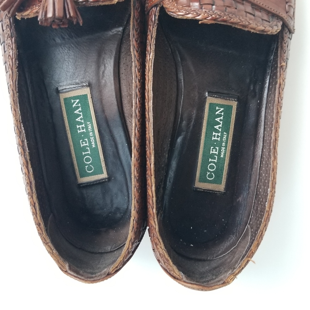 Cole Haan Basket Weave Woven Kiltie Tassel Leather Flat Loafers Brown Italy 8 B - Picture 4 of 15